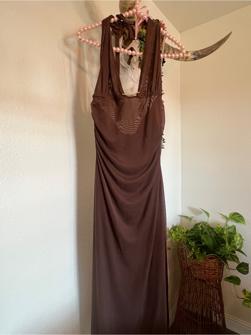 NWT ✧💎 Caroline Constas 💎✧ Salma Halter Gold Plated Detail brown Cover-Up Dress
